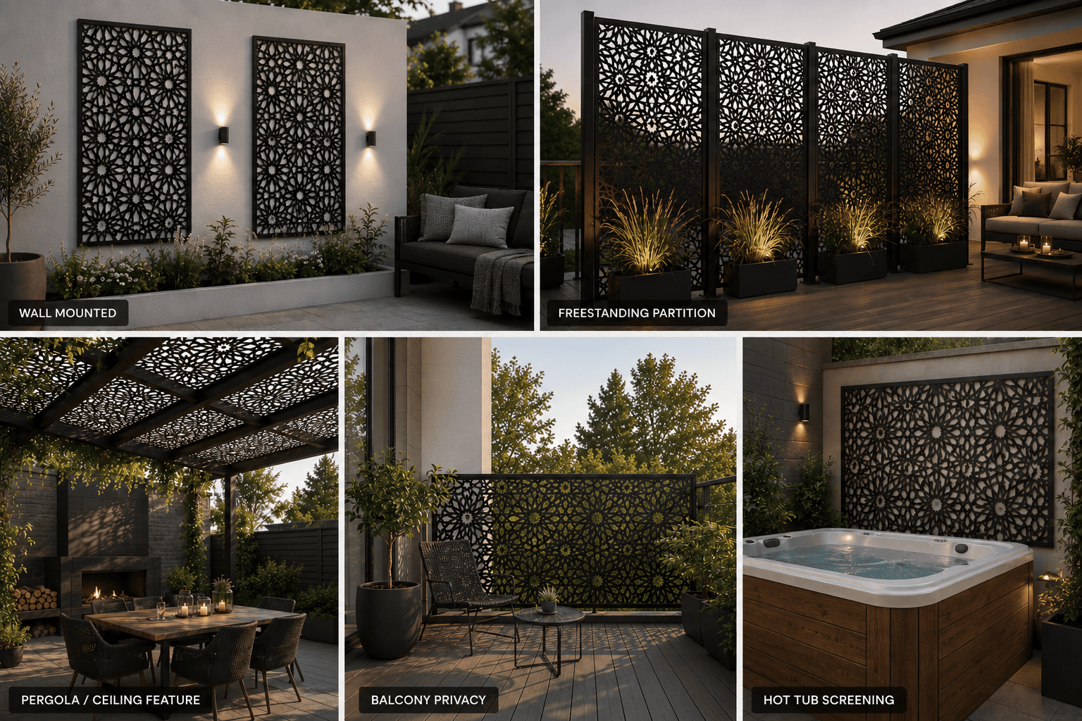 Garden screens used as a freestanding partition between two seating areas